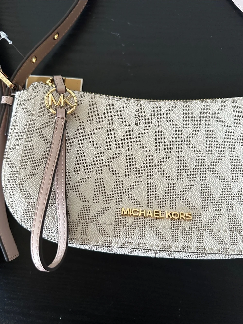 Michael Kors Light Beige Monogram Crossbody Bag with Pink Trim